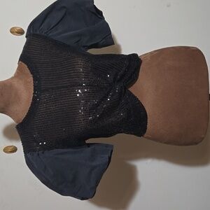 T19 POL Black Sequin Crop Top With Puff Sleeves Sz Md Knot Front Stretch